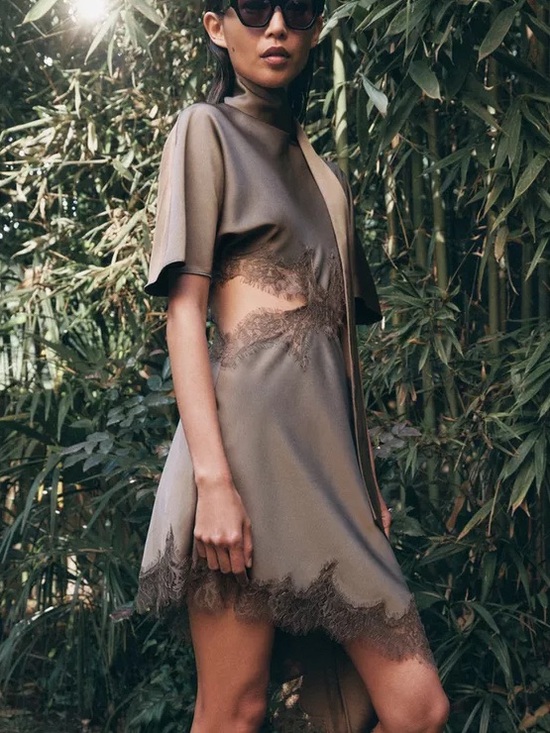 Zara Dresses & Skirts - Zara Satin Cut Out Lace Dress Asymmetrical High Neck Scarf Brown Large